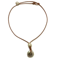 Wendy Mignot Pearls + Leather Jewlery 18 - 20 inch White Pearls with OM