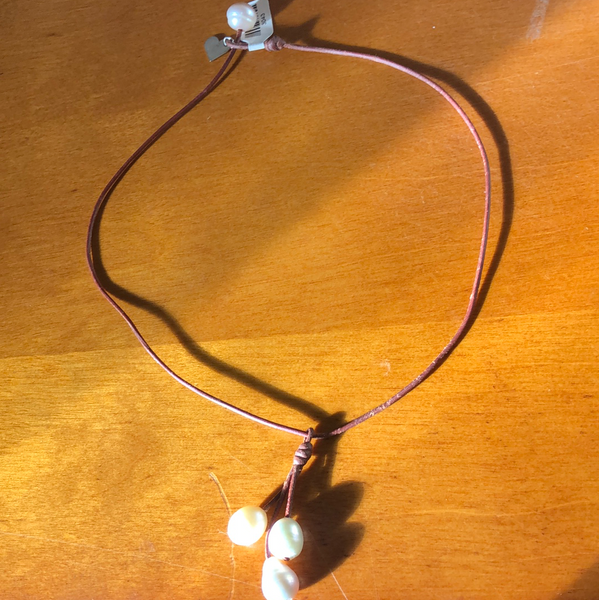 Wendy Mignot Pearls + Leather Jewlery 18inch Multi Fawn Rain