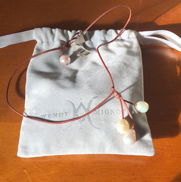 Wendy Mignot Pearls + Leather Jewlery 18inch Multi Fawn Rain